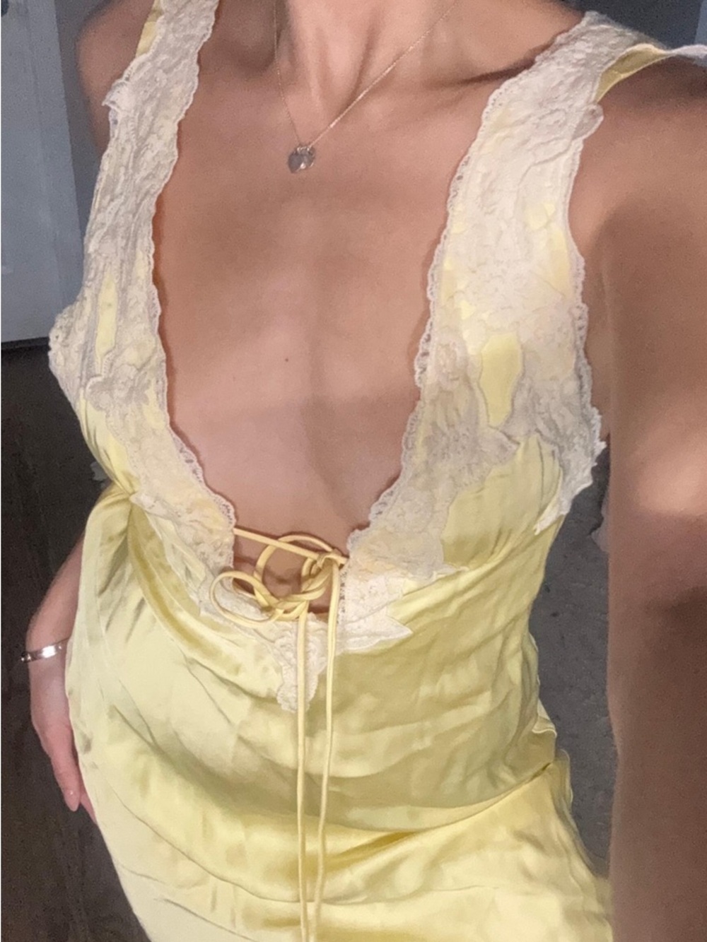 Rumored Yellow Satin Lace-Trim Slip Dress - Picture 6 of 11